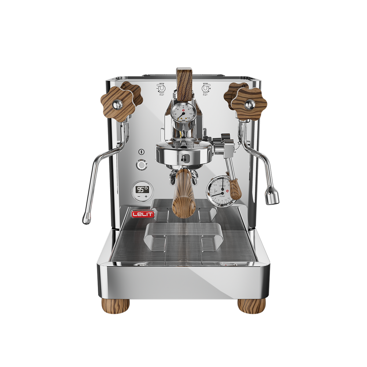 Lelit Bianca 40th Anniversary Limited Edition espresso machine with illustrated body and Zebrano wood