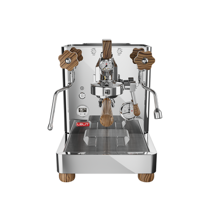 Lelit Bianca 40th Anniversary Limited Edition espresso machine with illustrated body and Zebrano wood