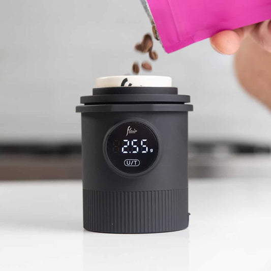 Flair Weigh Cup digital dosing scale with ceramic espresso brewing cup