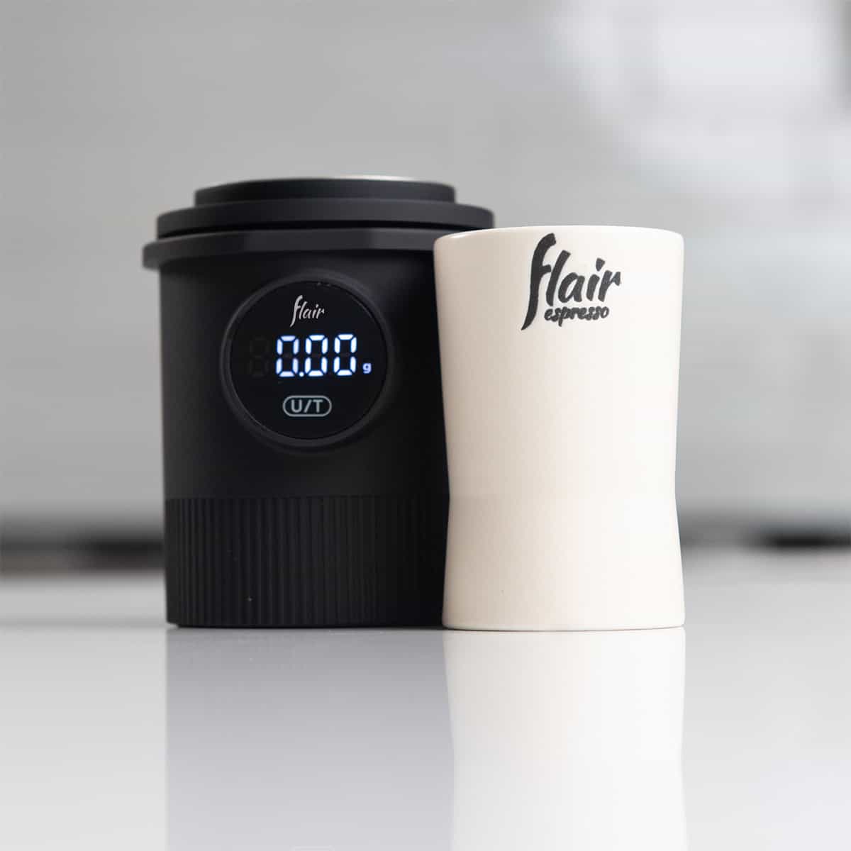 Flair Weigh Cup digital dosing scale with ceramic espresso brewing cup