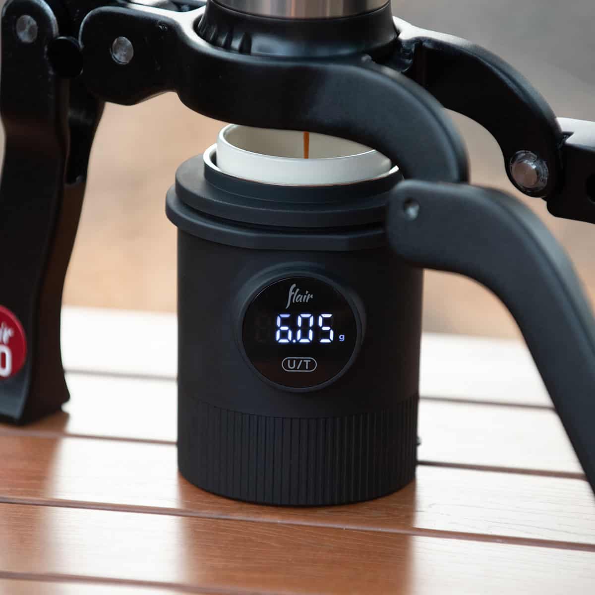 Flair Weigh Cup digital dosing scale with ceramic espresso brewing cup